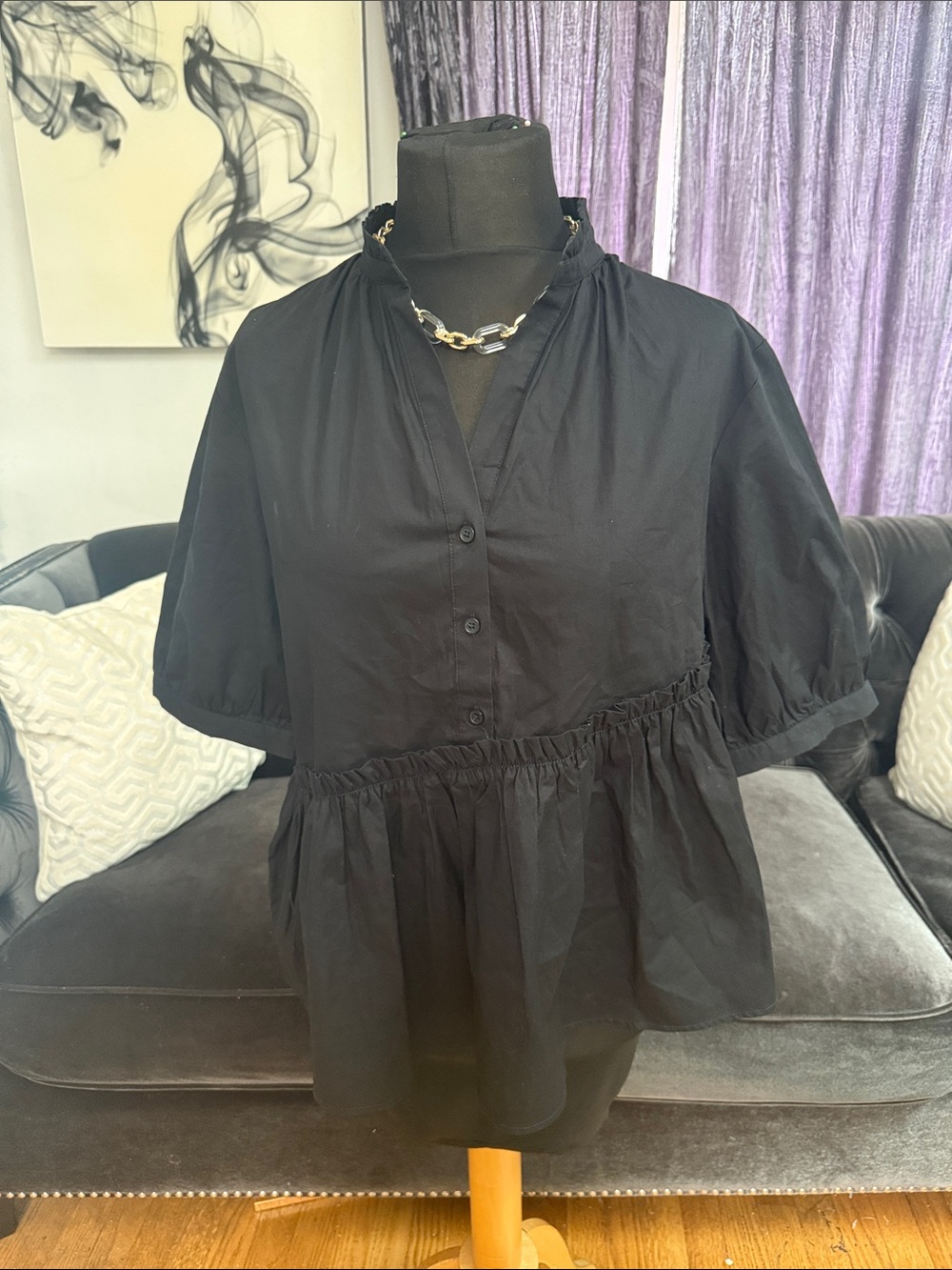 Women's Black Peplum Button-Front Top